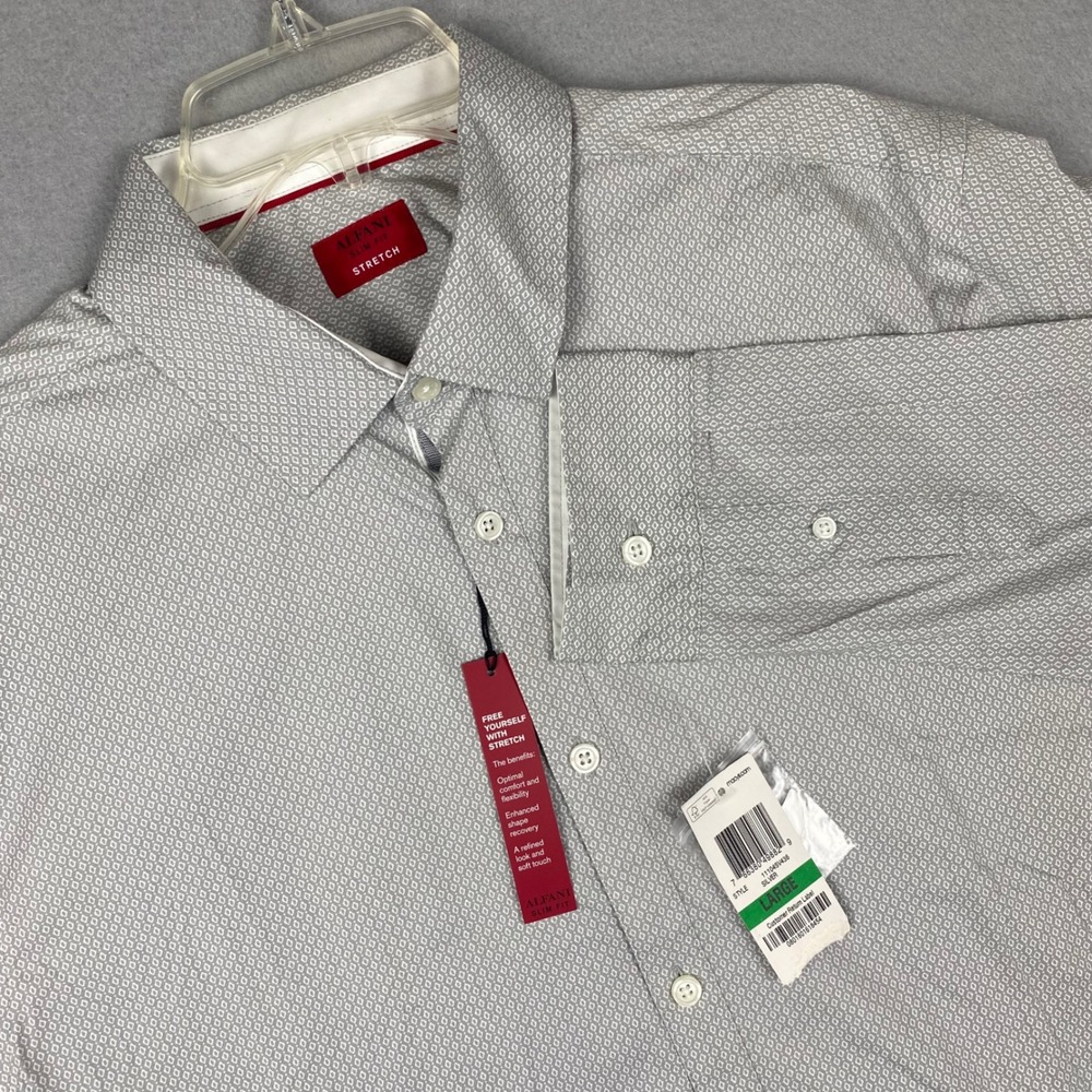 Alfani Slim Fit Stretch Mens Grey Geometric Diamond Button Down Shirt Large NEW